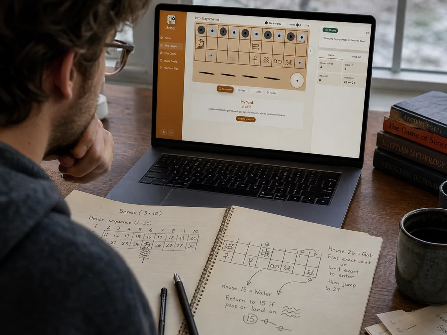 Reviewing a completed pass-and-play Senet game from its move record