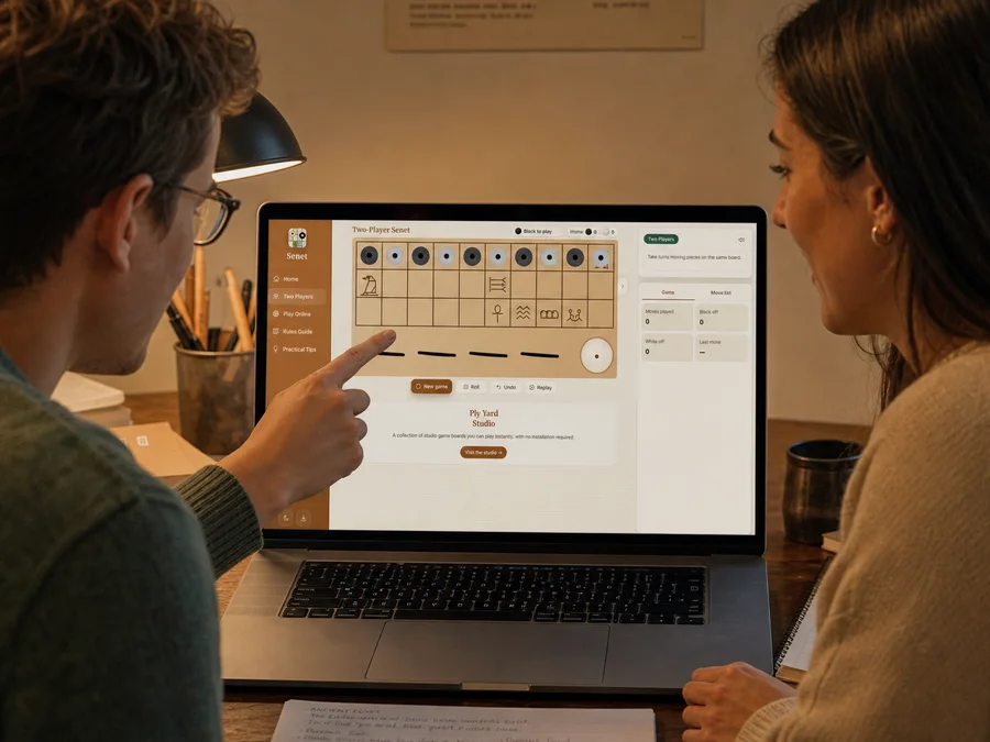 Two players taking turns in a pass-and-play game of reconstructed Senet